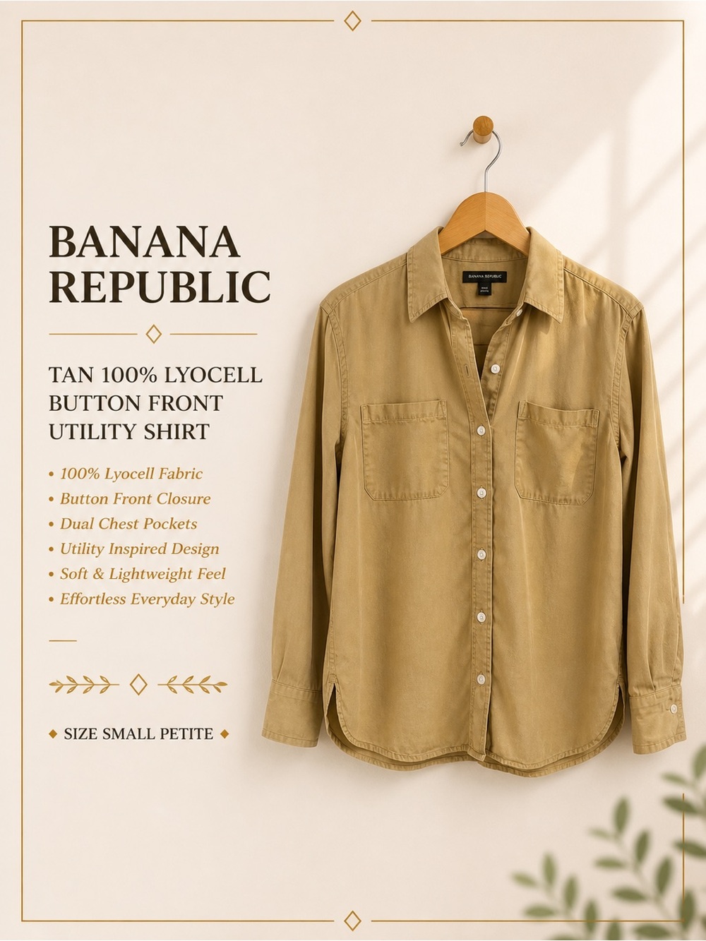 Banana Republic Tan 100% Lyocell Button Front Utility Shirt Small Petite